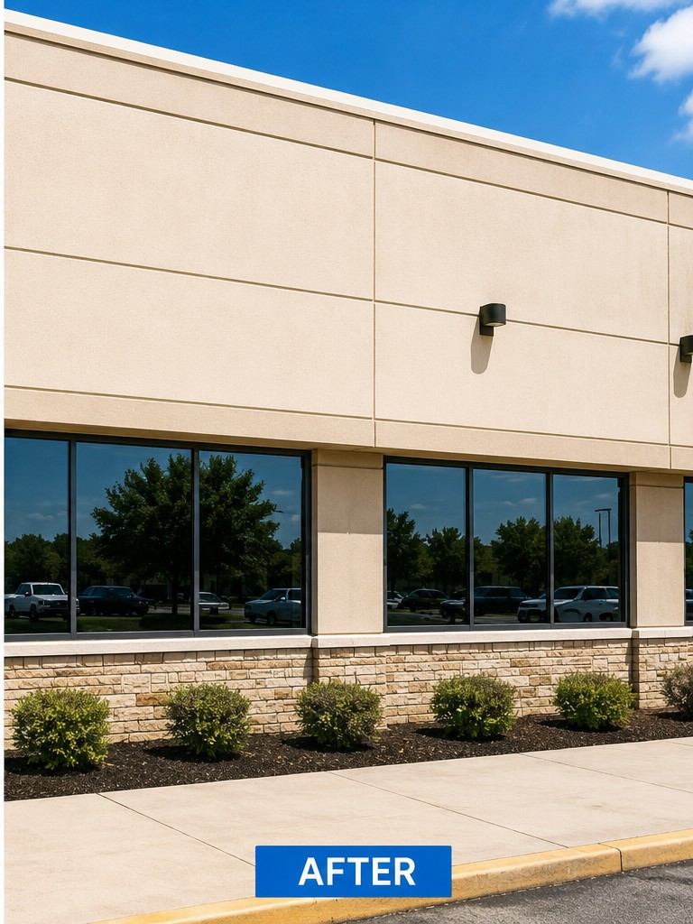 Same commercial building facade after pressure washing, spotless