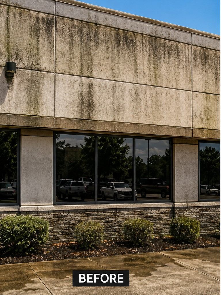 Commercial building facade before pressure washing, covered in grime