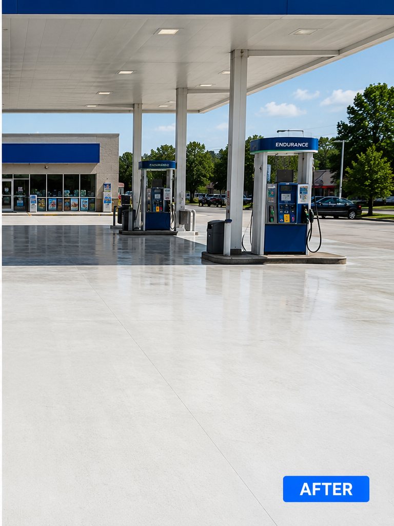 Gas station fuel canopy pad after pressure washing, concrete restored