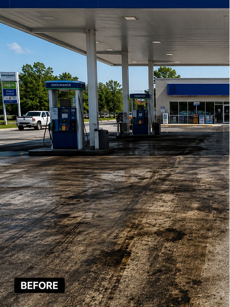 Gas station fuel canopy pad stained with oil before pressure washing