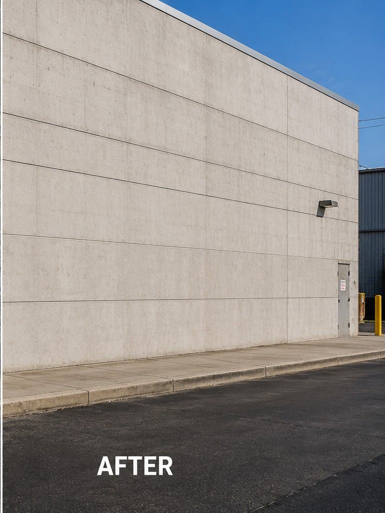 Same building wall completely restored after graffiti removal