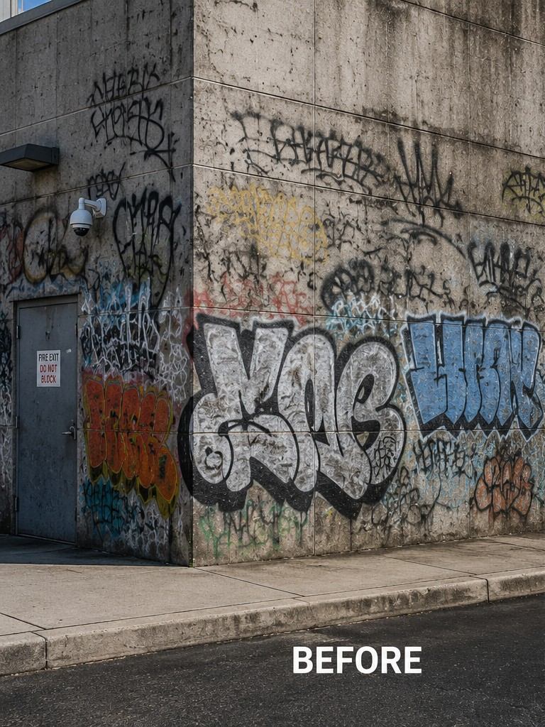 Building wall covered in graffiti before cleaning