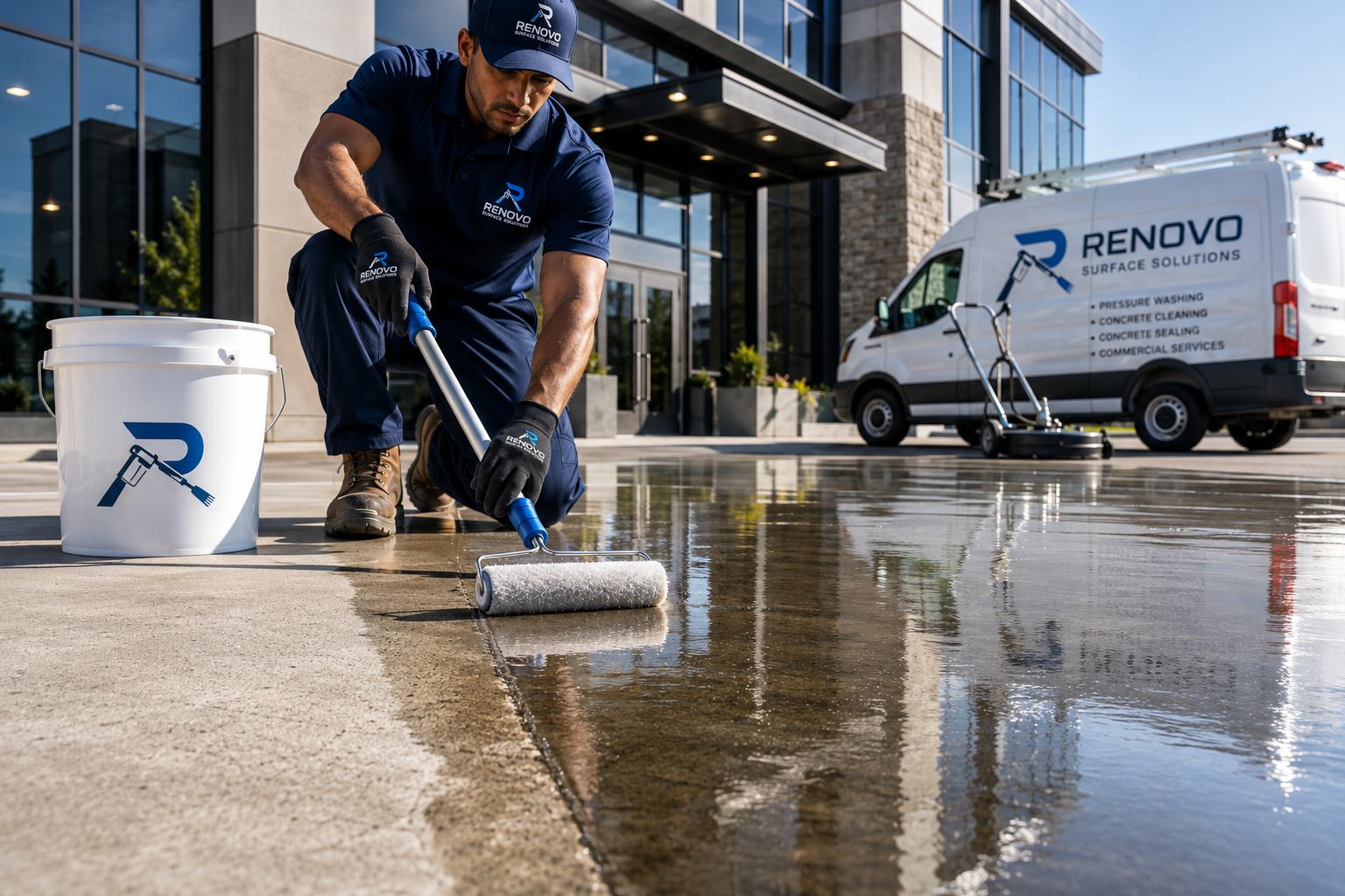 Technician applying concrete sealant with a roller
