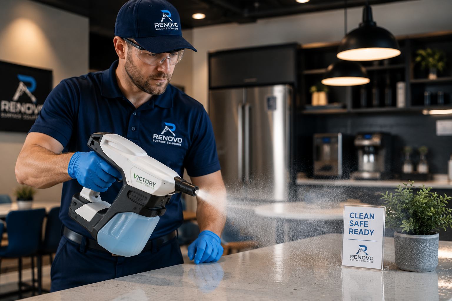 Technician disinfecting a commercial kitchen surface