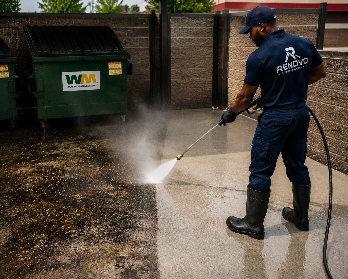 Technician pressure washing a grease-stained dumpster pad clean