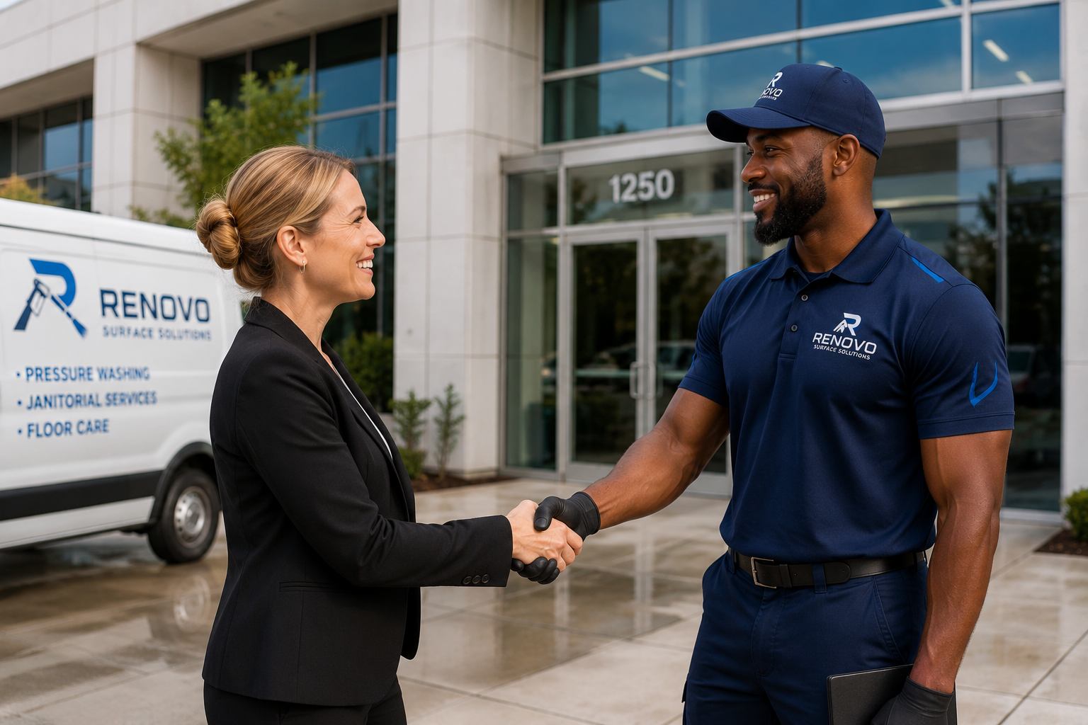 Renovo technician shaking hands with a client outside an office building