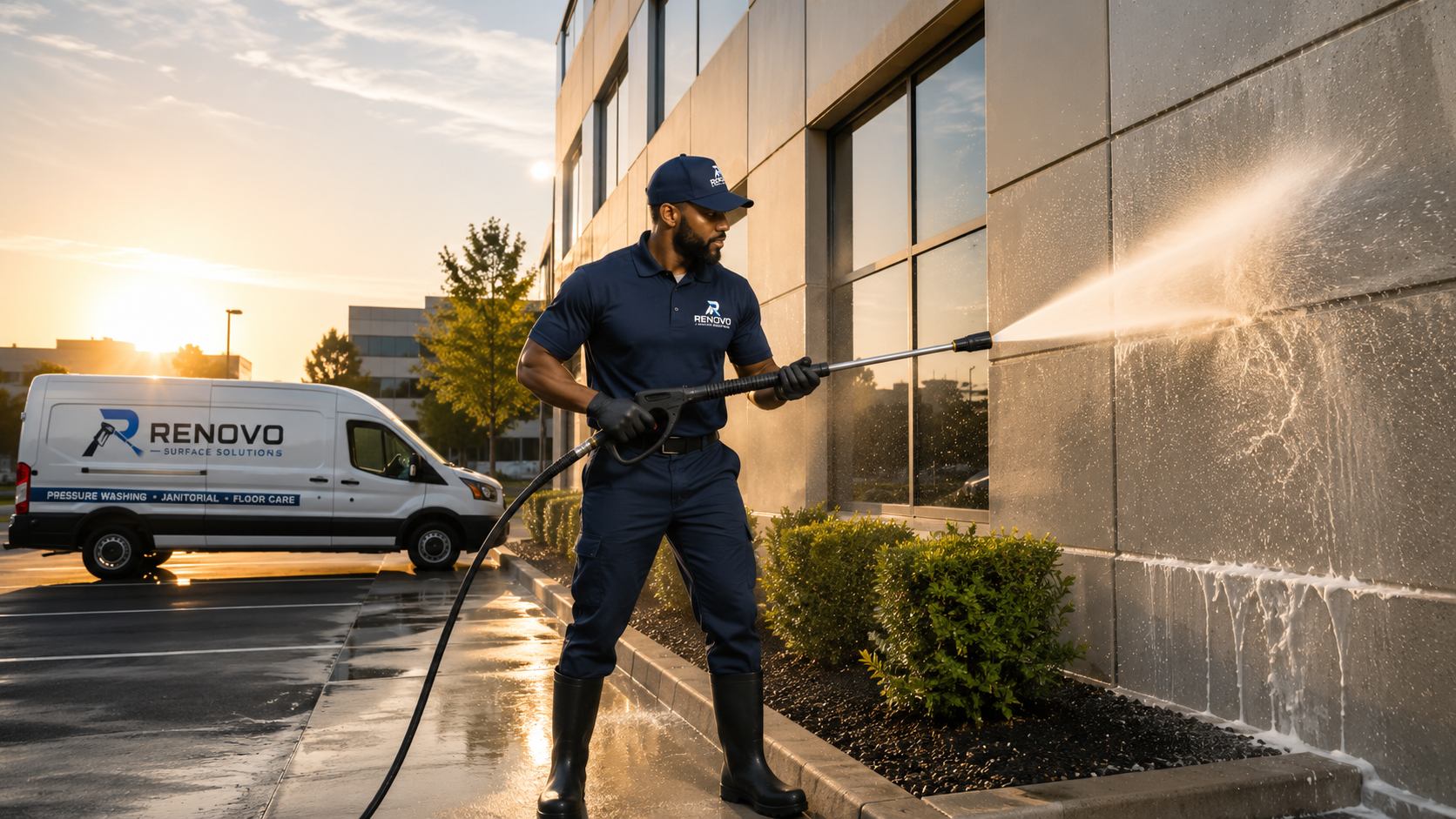 Renovo Surface Solutions technician pressure washing a commercial building exterior at sunset