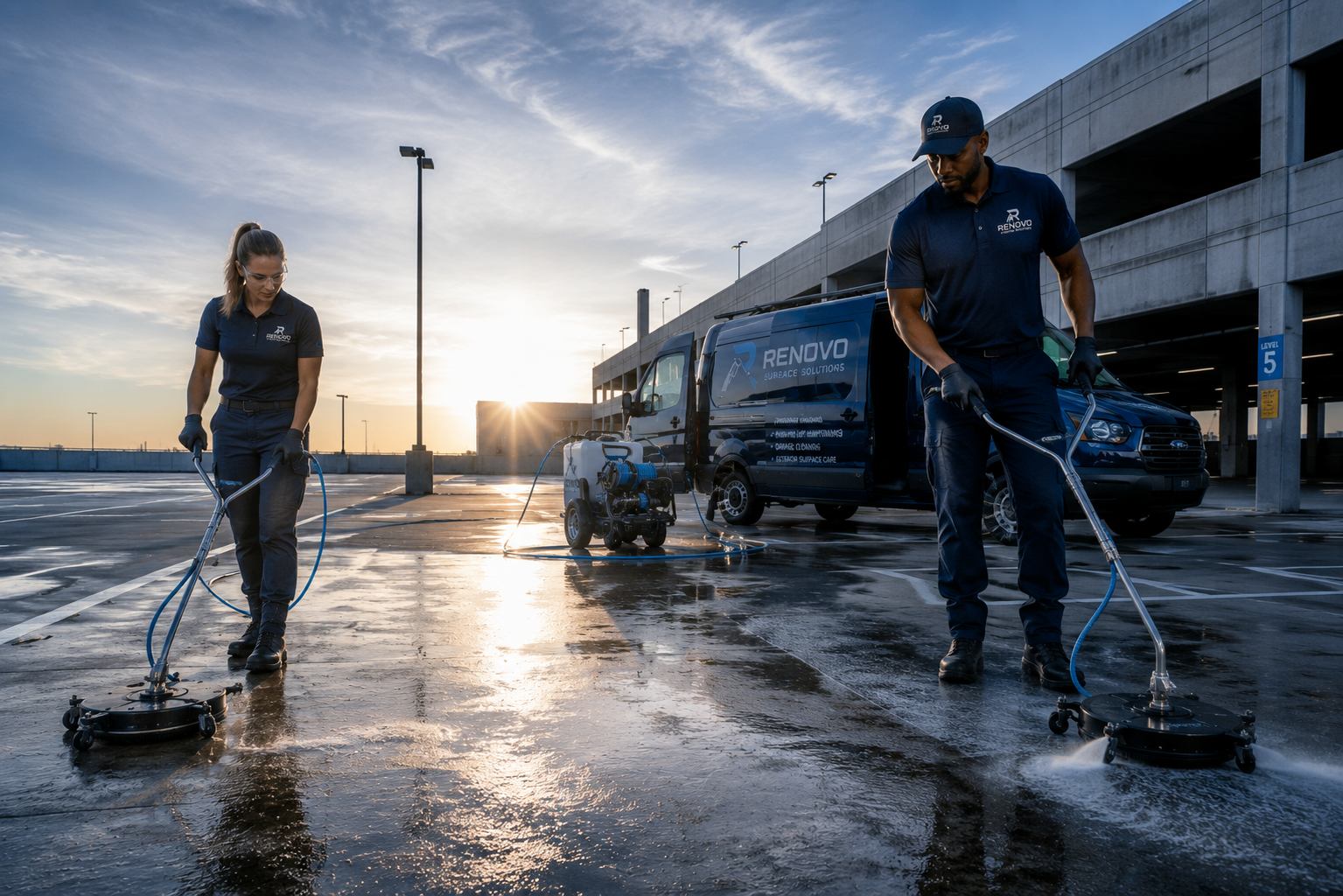 Crew cleaning a parking structure with surface cleaners