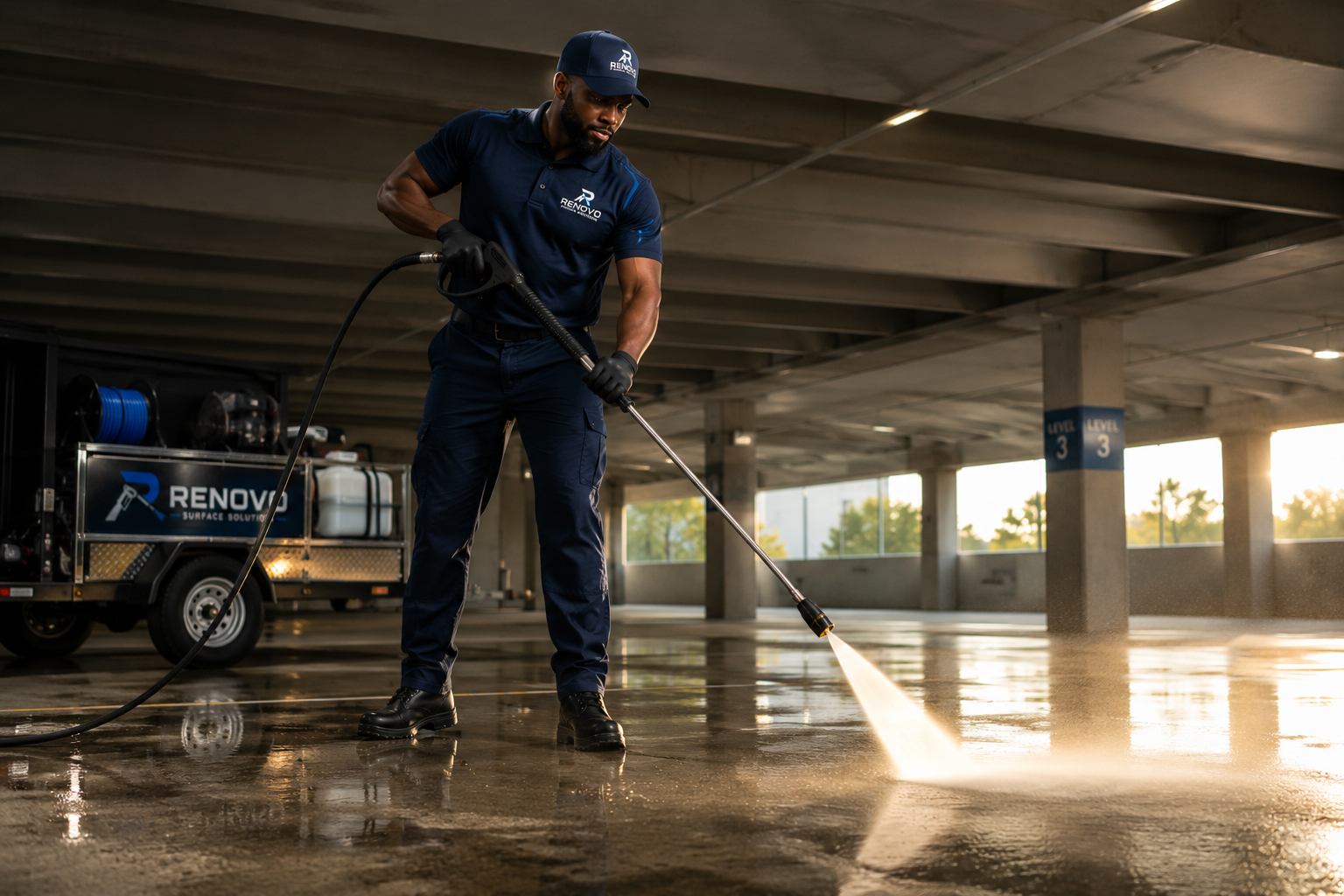 Technician cleaning a parking garage floor
