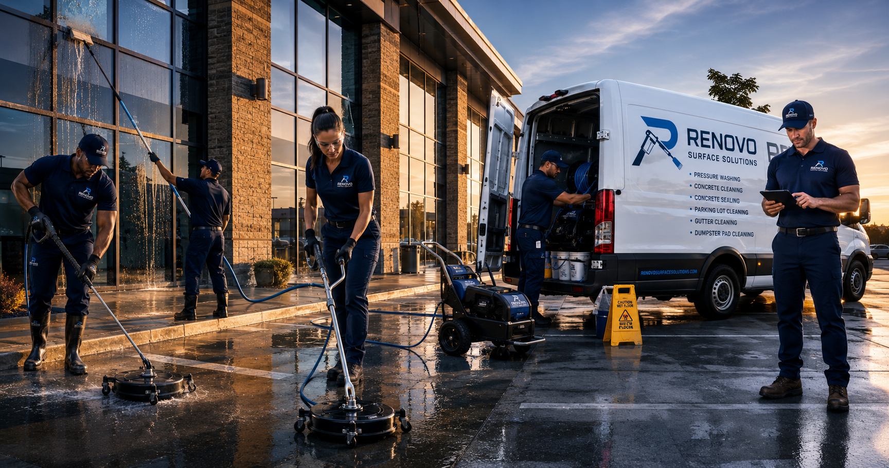 Renovo Surface Solutions crew cleaning a commercial property at dusk